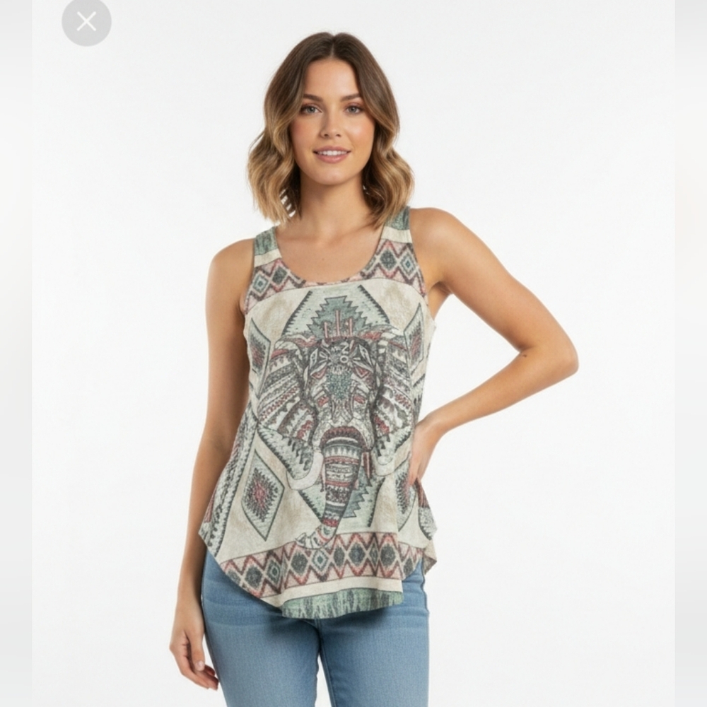Graze Green Aztec Elephant Tank Knit Tribal Boho Festival S
